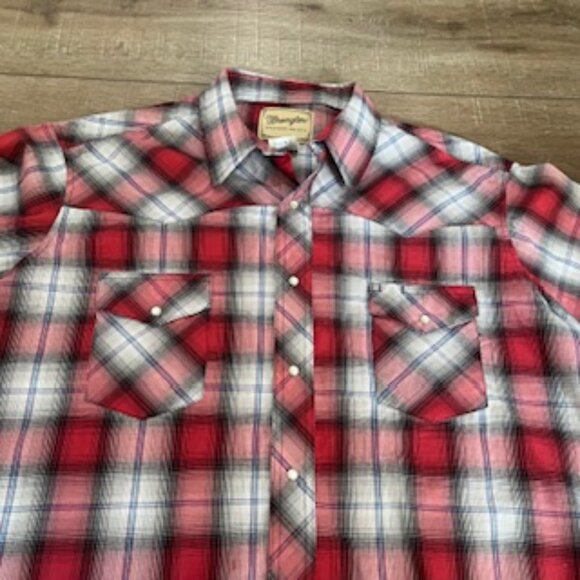 Wrangler Shirt Pearl Snap Plaid Button Up Men's Size XXL Short Sleeve Red & Gray - Picture 7 of 8